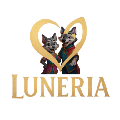 Zwei cartoonhafte Wölfe stehen vor einem Herzsymbol, mit dem Text "LUNERIA".